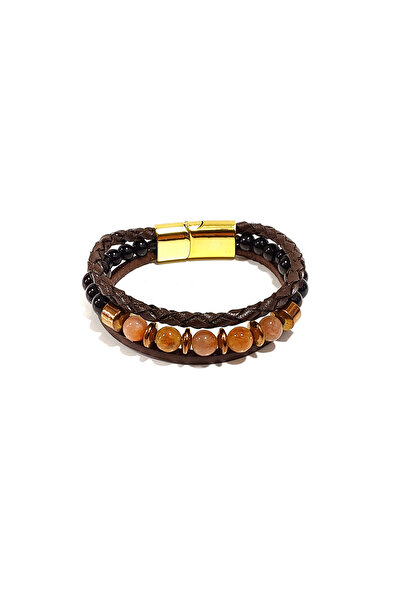 Herşey Nota Natural Stone and Braided Leather Brown Men's Bracelet – Combinat...
