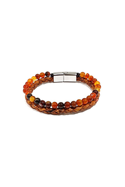 Herşey Nota Brown Knitted Leather Orange Natural Stone Men's Bracelet – Styli...