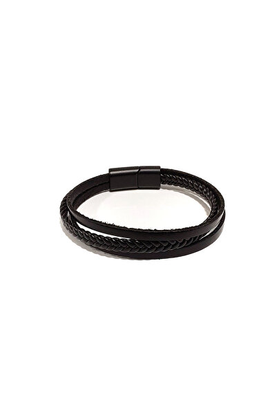 Herşey Nota Black Braided and Corded Genuine Leather Men's Combination Bracel...