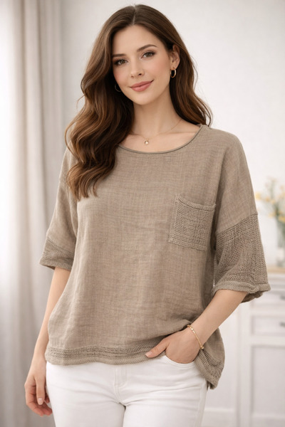 AGORATEKSTİL Γυναικεία Oversize Mesh 100% Λινό Μπλούζα