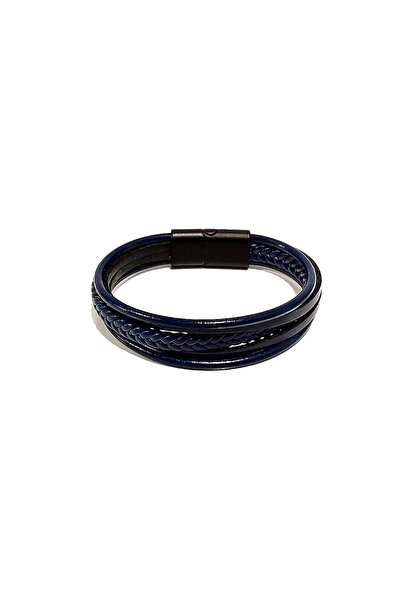Herşey Nota Navy Blue Genuine Leather Braided Cord Men's Bracelet |   Magneti...