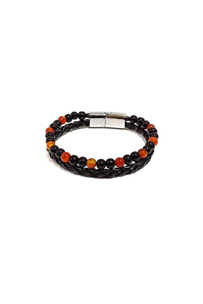 Herşey Nota Black Brown Natural Stone Leather Knitted Men's Bracelet – Stylis...