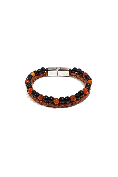 Herşey Nota Brown Black Stone Leather Knitted Men's Bracelet – Stylish Design...