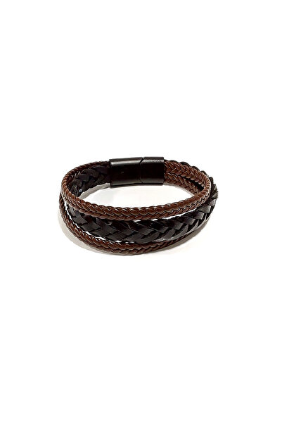 Herşey Nota Brown Genuine Leather Herringbone Knitted 3-Layer Men's Bracelet ...
