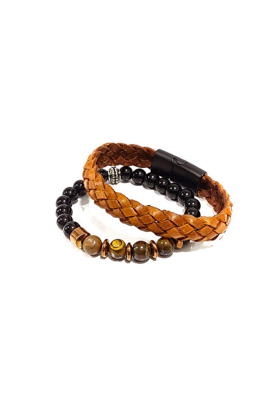 Herşey Nota Brown Natural Stone Combination Genuine Leather Men's Bracelet | ...