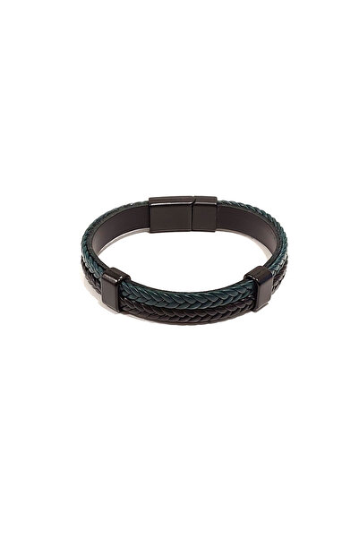 Herşey Nota Men's Brown Blue Leather Double Layer Bracelet with Braided Detai...