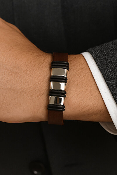 Herşey Nota Brown Genuine Leather Men's Bracelet with Metal Block |   Magneti...