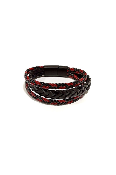 Herşey Nota Black and Red Genuine Leather Herringbone Knitted 3 Layer Men's B...