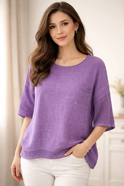 AGORATEKSTİL Kadın Oversize Fileli %100 Keten Bluz