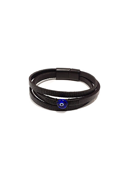 Herşey Nota Evil Eye Beaded Combination Genuine Leather Black Men's Bracelet ...