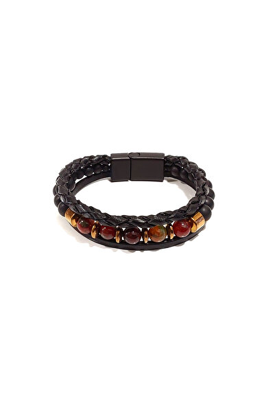 Herşey Nota Men's Genuine Leather Black Natural Stone Bracelet – Stylish Desi...