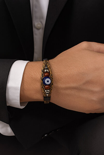 Herşey Nota Yellow Genuine Leather Evil Eye Beaded Men's Bracelet |   Magneti...