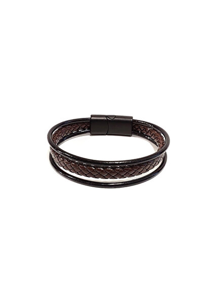 Herşey Nota Dark Brown Line Genuine Leather Men's Bracelet - Magnet Buckle - 35