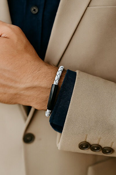 Herşey Nota Siyah Gerçek Deri Beyaz Örgü Detaylı Erkek Bileklik | Mıknatıslı ...