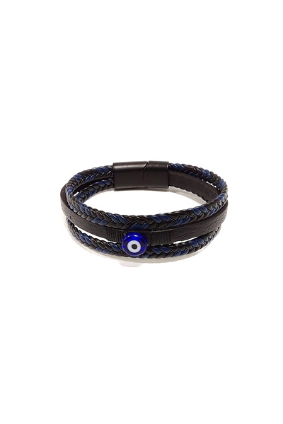 Herşey Nota Navy Blue-Black Evil Eye Beaded Genuine Leather Men's Combination...