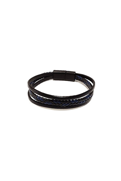 Herşey Nota Black and Navy Blue Mixed Genuine Leather Braided Men's Bracelet ...
