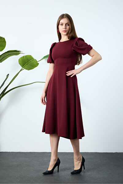 lumuteks فستان ميدي بأكمام بلون عنابي ونقشة البطيخ