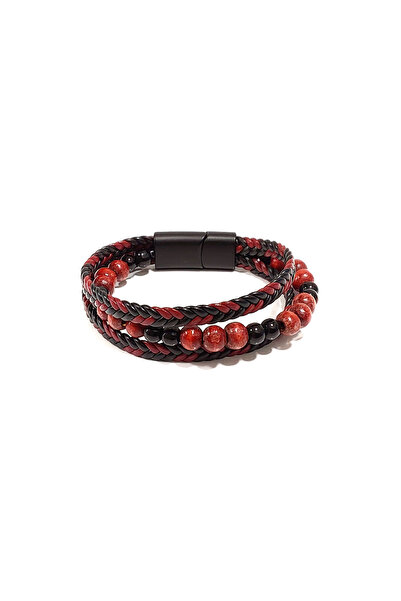 Herşey Nota Red Black Leather Herringbone Knitted and Beaded Men's Bracelet –...