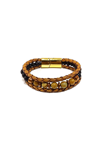 Herşey Nota Brown Natural Stone Weave and Genuine Leather Combination Men's B...