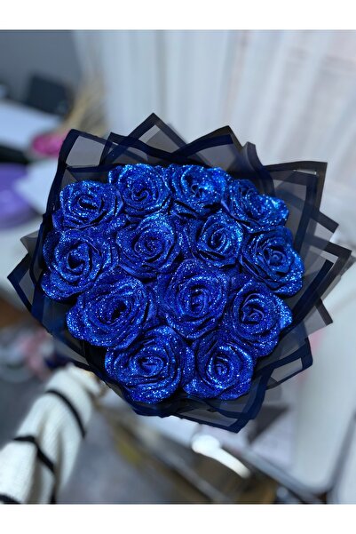 Buketim Seninle باقة من 13 وردة زرقاء داكنة لامعة لا تذبل، زهرة ساتان، هدية ل...
