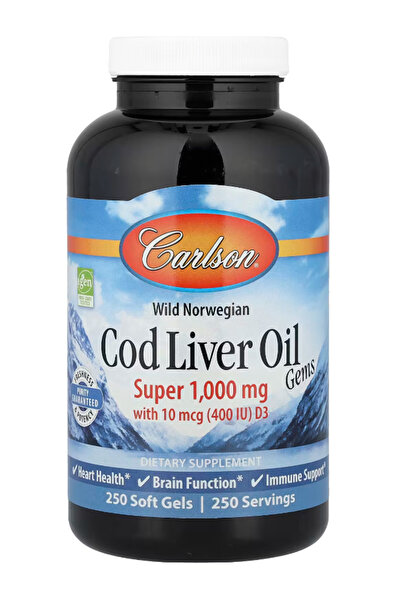 Carlson Cod Liver Oil Gems Super 1000 mg, 250 mg Omega-3s 400 IU (10 mcg) Vit...