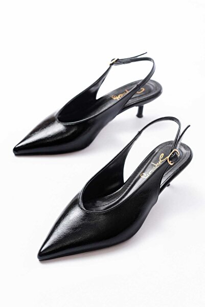 simplicity Pantofi cu toc mic din piele lacuită neagră, cu aspect încrețit