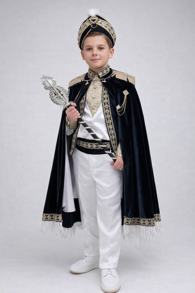 Rüyam Çocuk Giyim Siyah Apoletleri Nakışlı Sarkaç Taşlı Kadife Pelerin Sünnet...