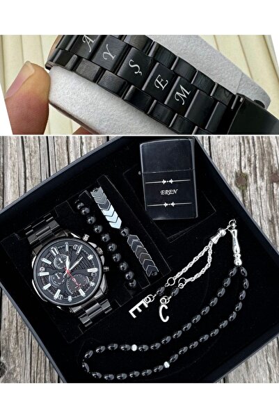 DEEPWELL İsimli Siyah Renk Erkek Kol Saati Bileklik Tespih ve Çakmak Seti dwt-30