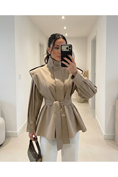 RosePearl Kadın Dik Yaka Apolet Detaylı Kuşaklı Trençkot