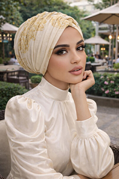 Aişe tesettür Șapcă casual cu șnur, aurită cu aur crem