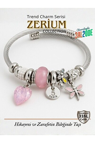 ZERİUM Modern Çelik Şık Kadın Charm Bileklik Kelebek Ve Pembe Taş Figürlü