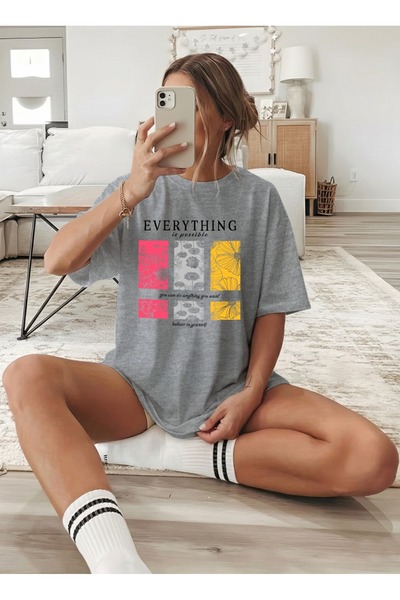 caddekombin Γυναικείο πολύχρωμο λουλούδι με τύπωμα Motivational Grey T-shirt