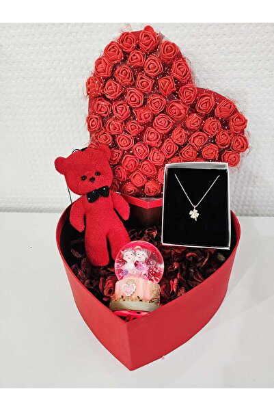 FİORELLA HEDİYE SEVGİLİYE KIRMIZI KALPLİ HEDİYE KUTUSU-PELUŞ AYI,KAR KÜRESİ,Ç...