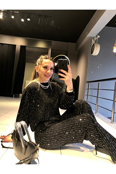 Gözde Tasarım Butik KADIN SİYAH RENK PUL TAŞ BASKILI ALT ÜST TAŞLI EŞOFMAN TA...