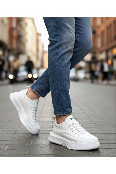 BOA BA0332 Merdiven Desen Bağcıklı Erkek Yüksek Taban Beyaz Cilt Spor Ayakkabı