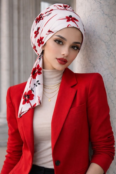 Aişe tesettür Бял шал с червени цветя