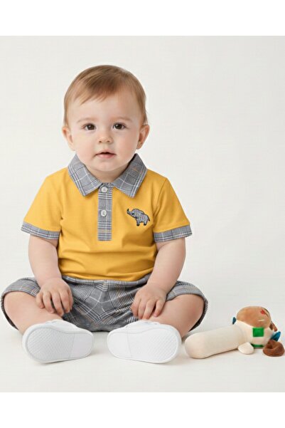 voyyo kids baby طقم أطفال أولادي بياقة بولو وتطريز على شكل فيل منقوشة شورت صي...