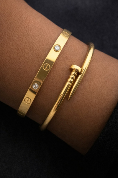 Crc Bijuteri سوار نسائي من الفولاذ بلون ذهبي مكون من قطعتين