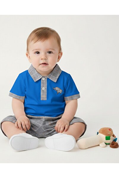voyyo kids baby طقم أطفال أولادي بياقة بولو وتطريز على شكل فيل منقوشة شورت صي...