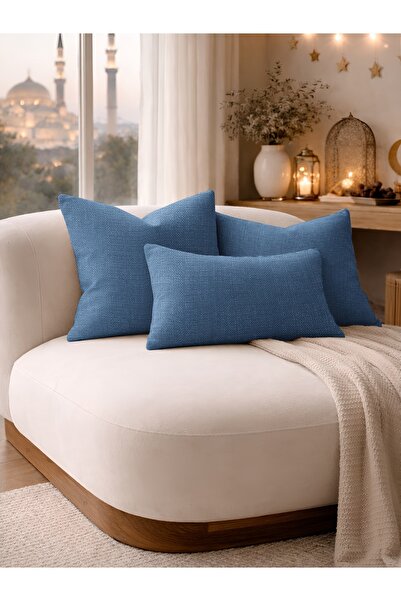 Perle İndigo Keten Dokulu Dekoratif Kırlent Kılıfı | Modern Salon Koltuk Yastığı