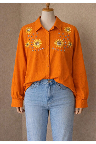 aleksandritbutik ALEKSANDRİT BUTİK NAKIŞ DETAY KADIN KETEN GÖMLEK