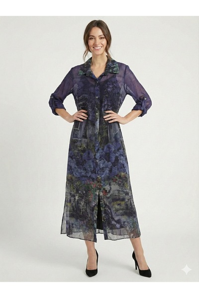 della moor Rochie cămașă din mătase căptușită cu mâneci 3/4 cu model floral i...