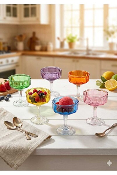 Funny Life 6'lı Renkli Cam Ayaklı Mini Sunumluk ve Tatlı Kasesi Seti