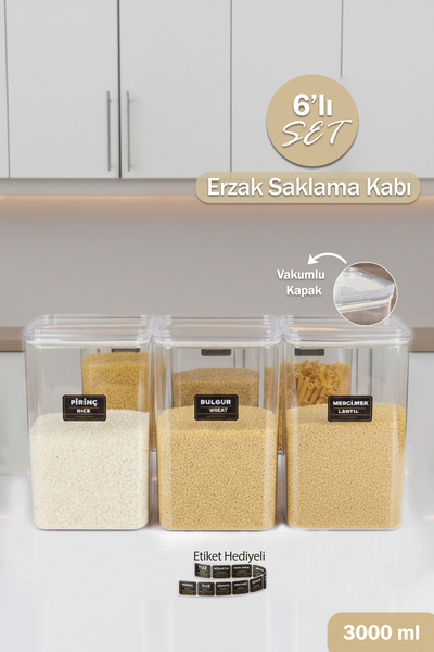 naturelove 6'Lı Vakumlu Kapaklı Erzak Bakliyat Etiketli Saklama Kutusu Kavano...
