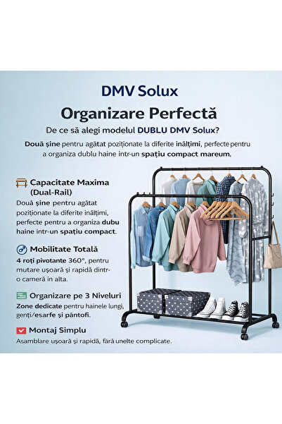 DMV Suport pentru haine, bara de otel, carlige metalice pentru umerase, dulap...
