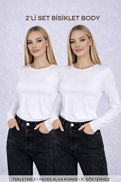 RDK Giyim Women's Long Sleeve Crew Neck Combed Cotton Bodysuit 2-Piece Set - ...