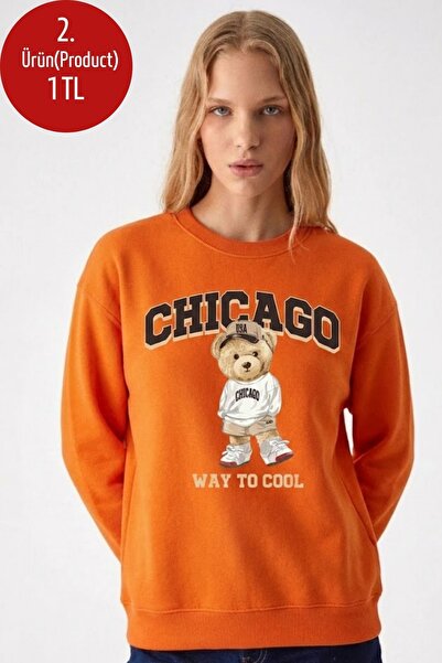 COMBİNE MİCHAİL Women's Chiacago Bear Print Orange Sweatshirt