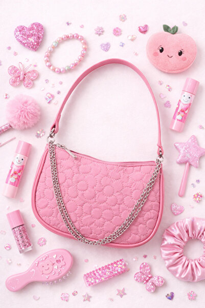 ICONE BAG Τσάντα ώμου για κορίτσια σε ροζ χρώμα, με υφασμάτινο καπιτονέ λουλο...