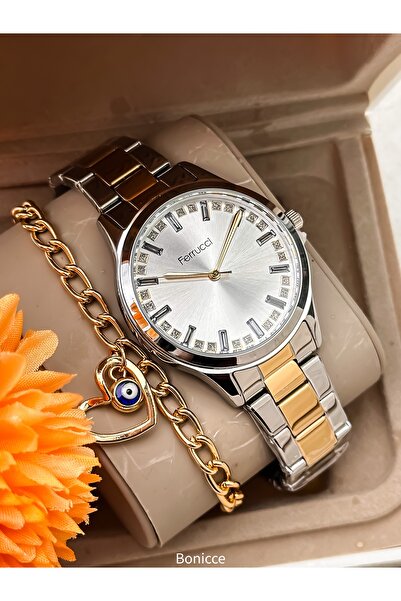 Ferrucci لون أصفر فضي، سوار من الفولاذ، مقاوم للماء مضمون، ساعة يد نسائية مع ...