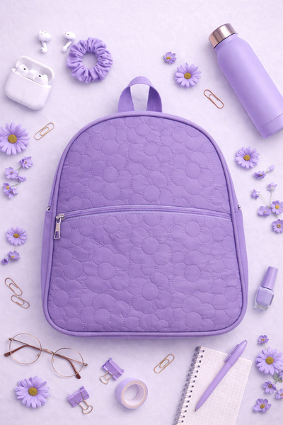 ICONE BAG Parachute Fabric Floral Quilted Backpack with Faux Detail, Purple G...